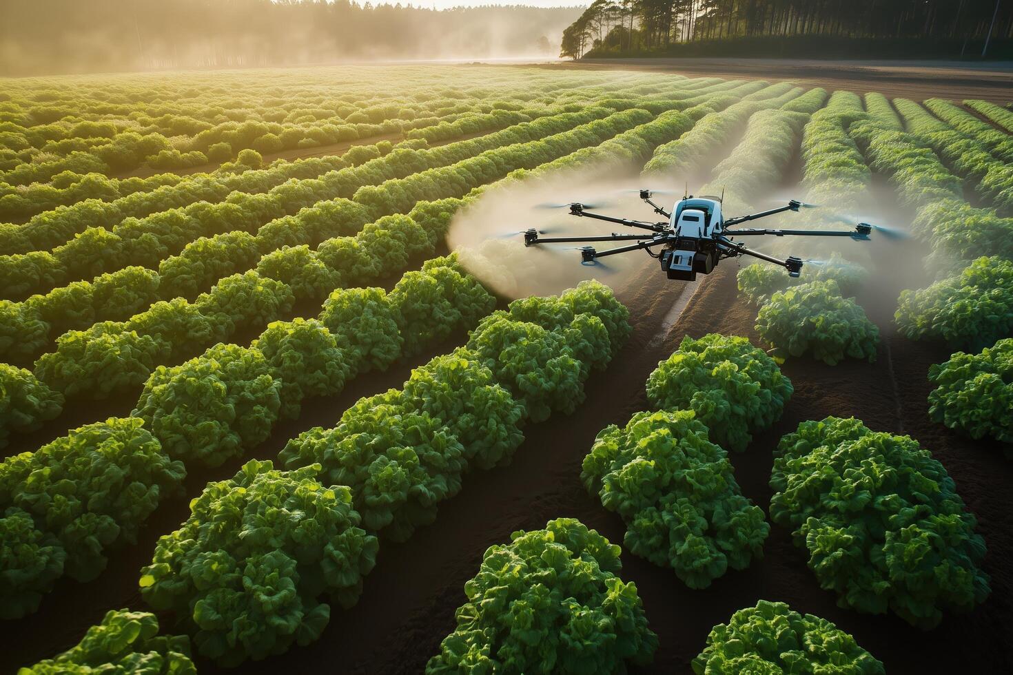 An advanced drone sprays lush green crops at sunrise, revolutionizing sustainable farming with precision and efficiency photo