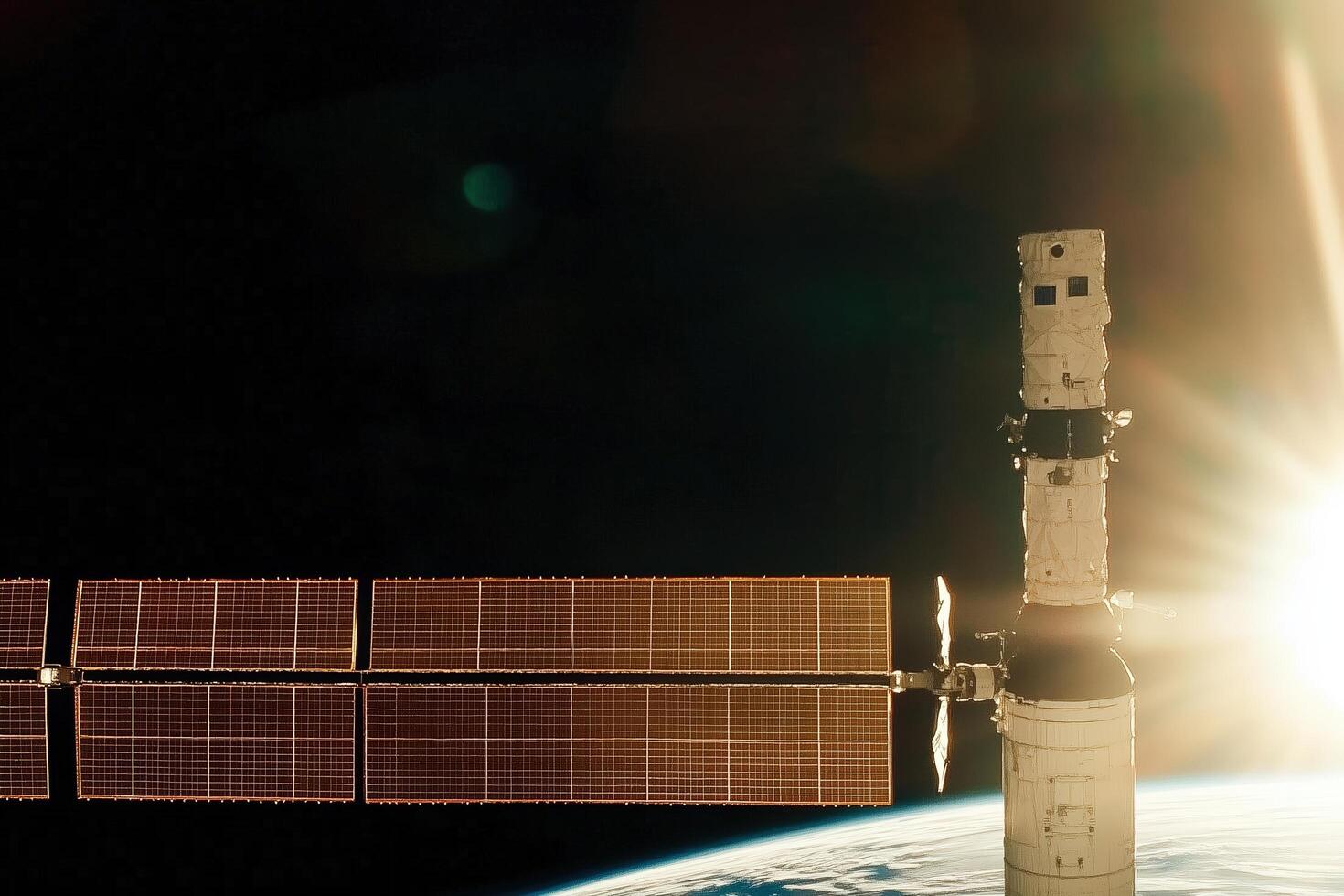 A satellite orbits Earth, bathed in golden sunlight, embodying advanced space exploration and sustainability envisioned photo
