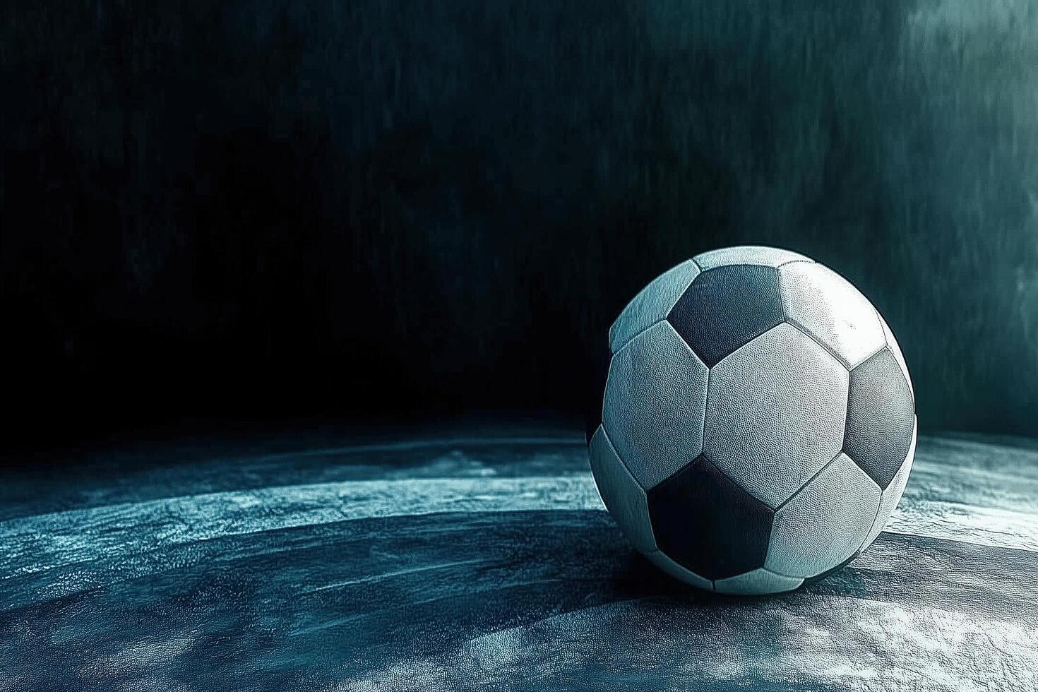 A weathered soccer ball rests on a dark, gritty surface. photo