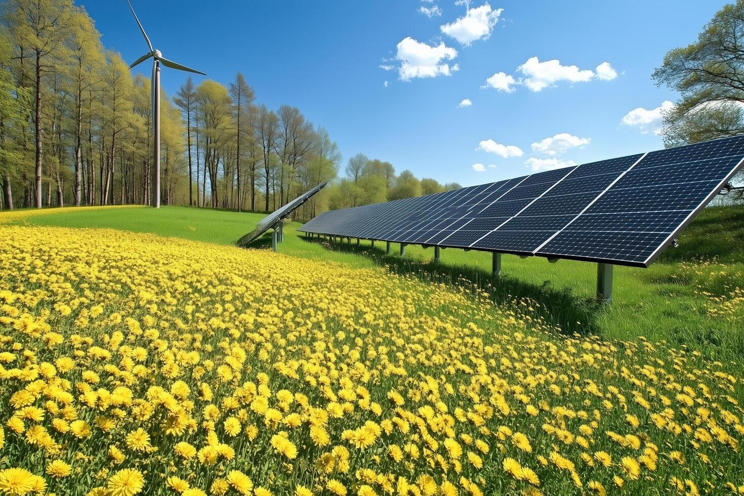 A field of dandelions with a wind turbine and solar panels in the background, symbolizing renewable energy and a sustainable future. photo