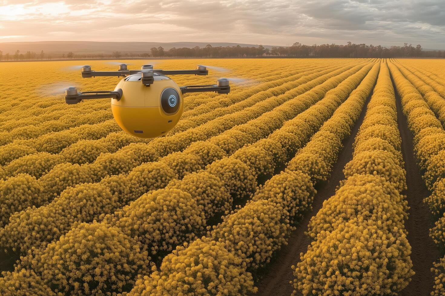 A futuristic yellow drone monitors vibrant flower fields, showcasing advanced agricultural technology powered by for precision farming and sustainable innovation. photo