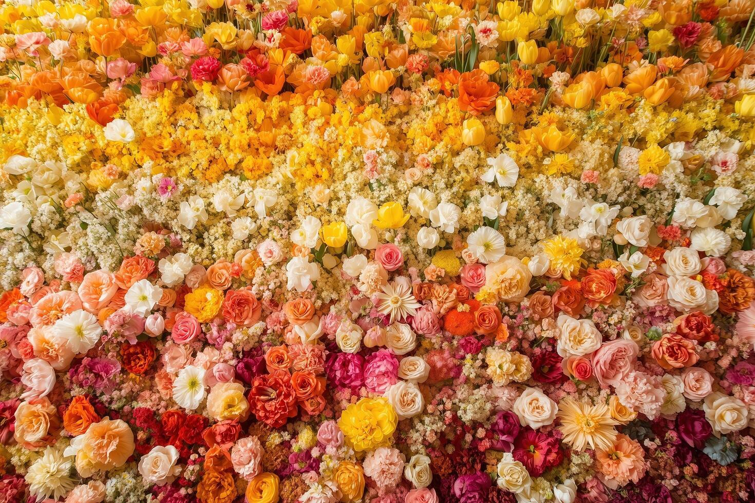 A vibrant tapestry of multicolored flowers in full bloom, creating a stunning gradient of nature's beauty photo