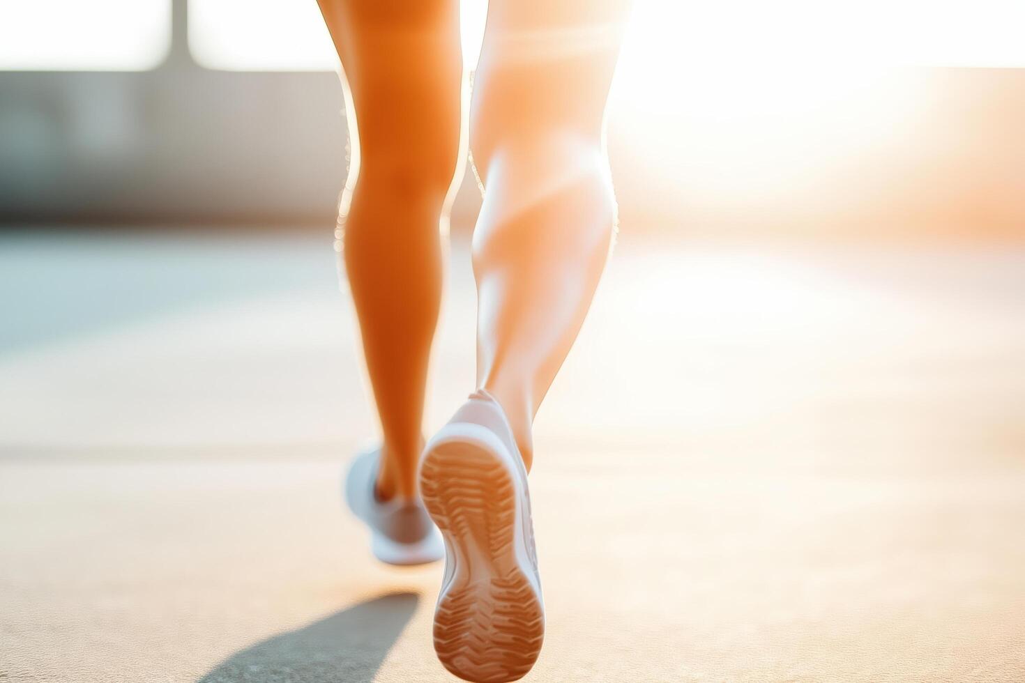 A person's legs running on a paved road with the sun shining. photo