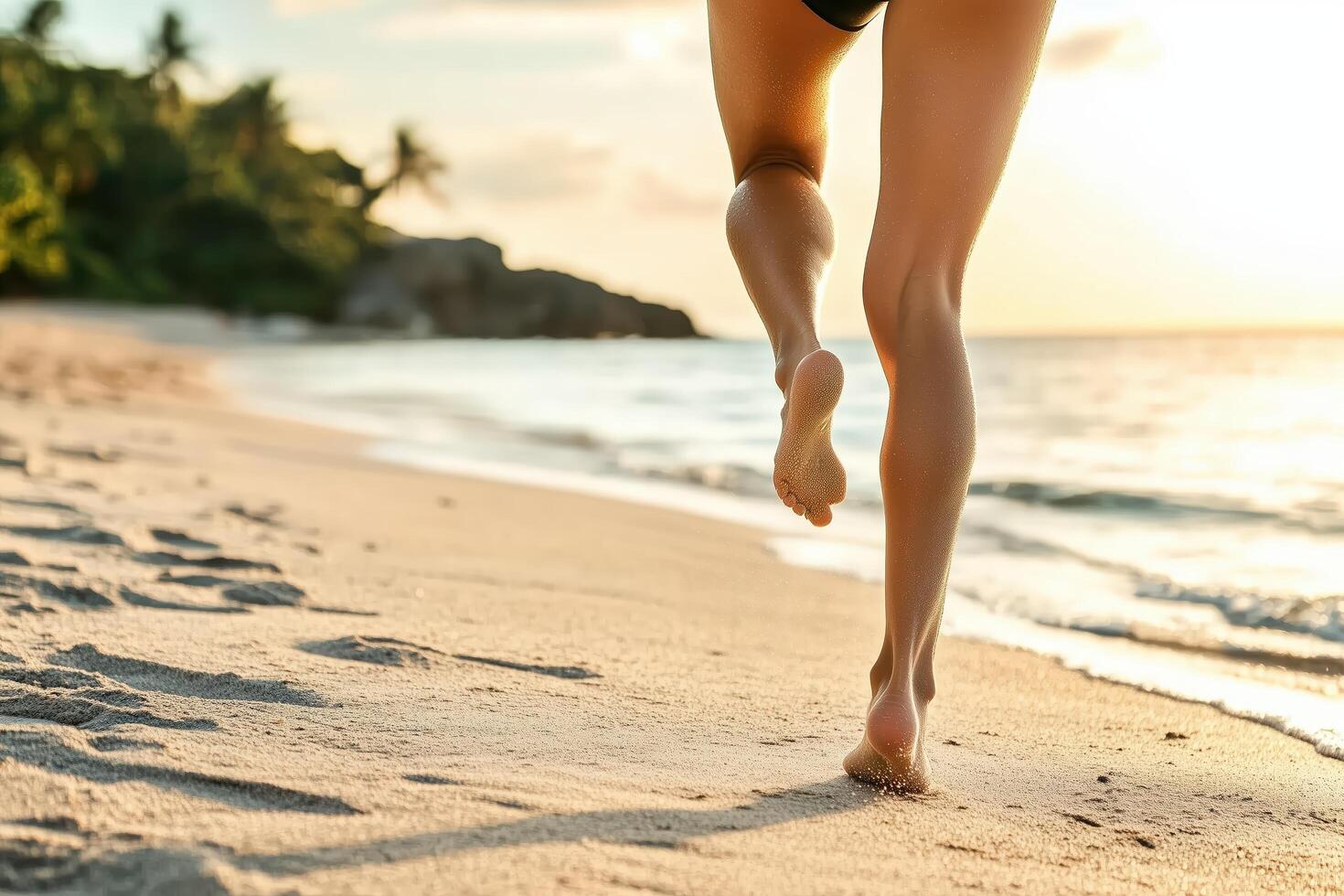 Running barefoot on a serene tropical beach at sunrise, with golden sand and gentle ocean waves, photo