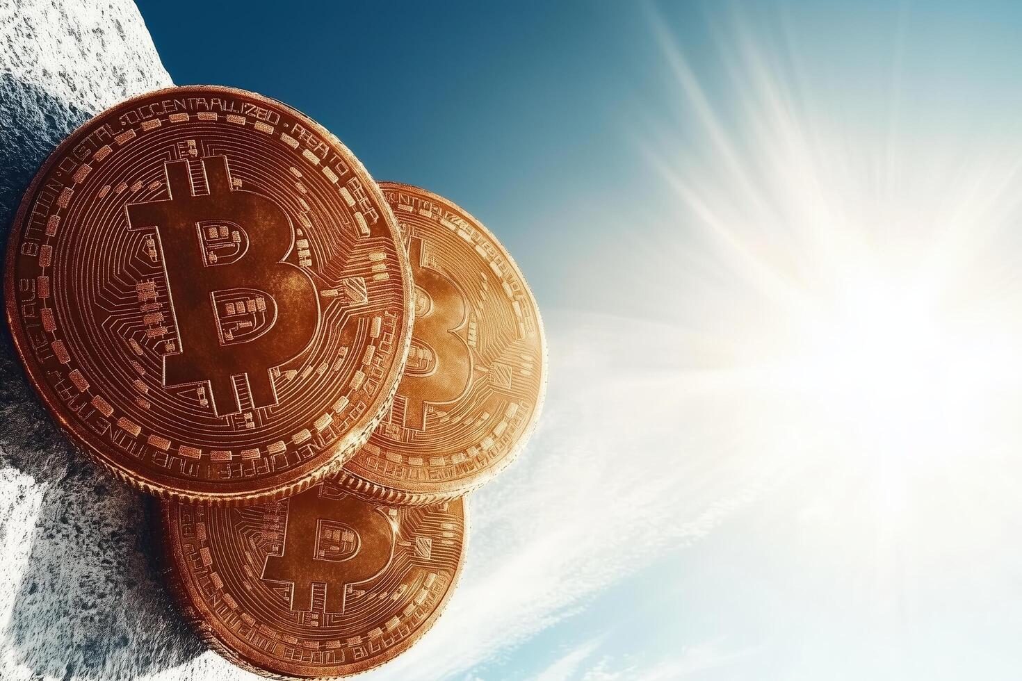 A group of Bitcoin coins resting on a rock overlooking a vast landscape, symbolizing the rise and impact of cryptocurrency. photo