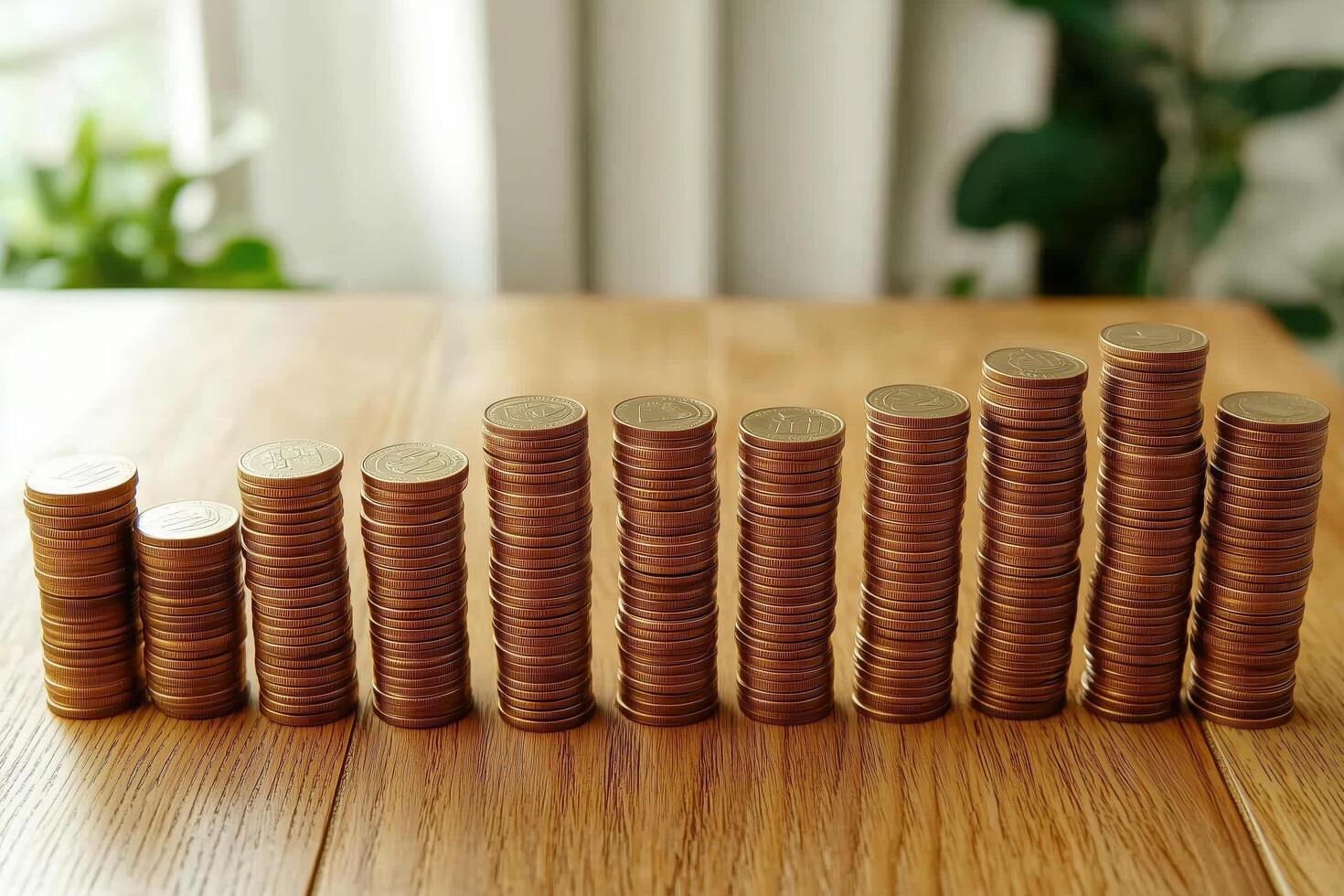 A row of coins stacked in increasing height, symbolizing financial growth and stability. photo