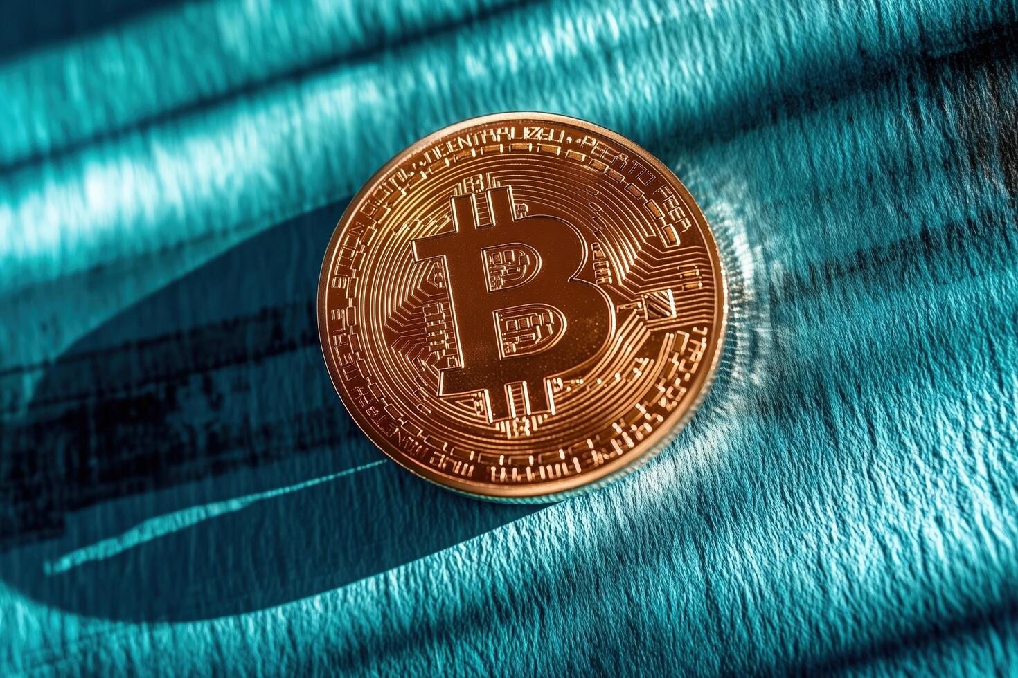 A golden Bitcoin coin resting on a blue surface, reflecting the digital nature of cryptocurrency. photo