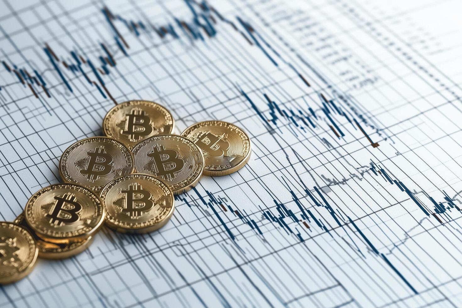 Bitcoin coins scattered on a chart showing its price fluctuations, representing the cryptocurrency's volatility. photo