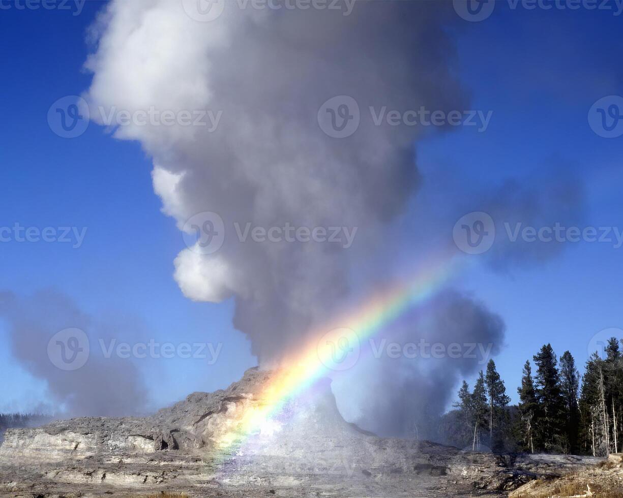 A Spectacular Rainbow Arcing Over a Serene Highland Landscape with Cumulus Clouds photo