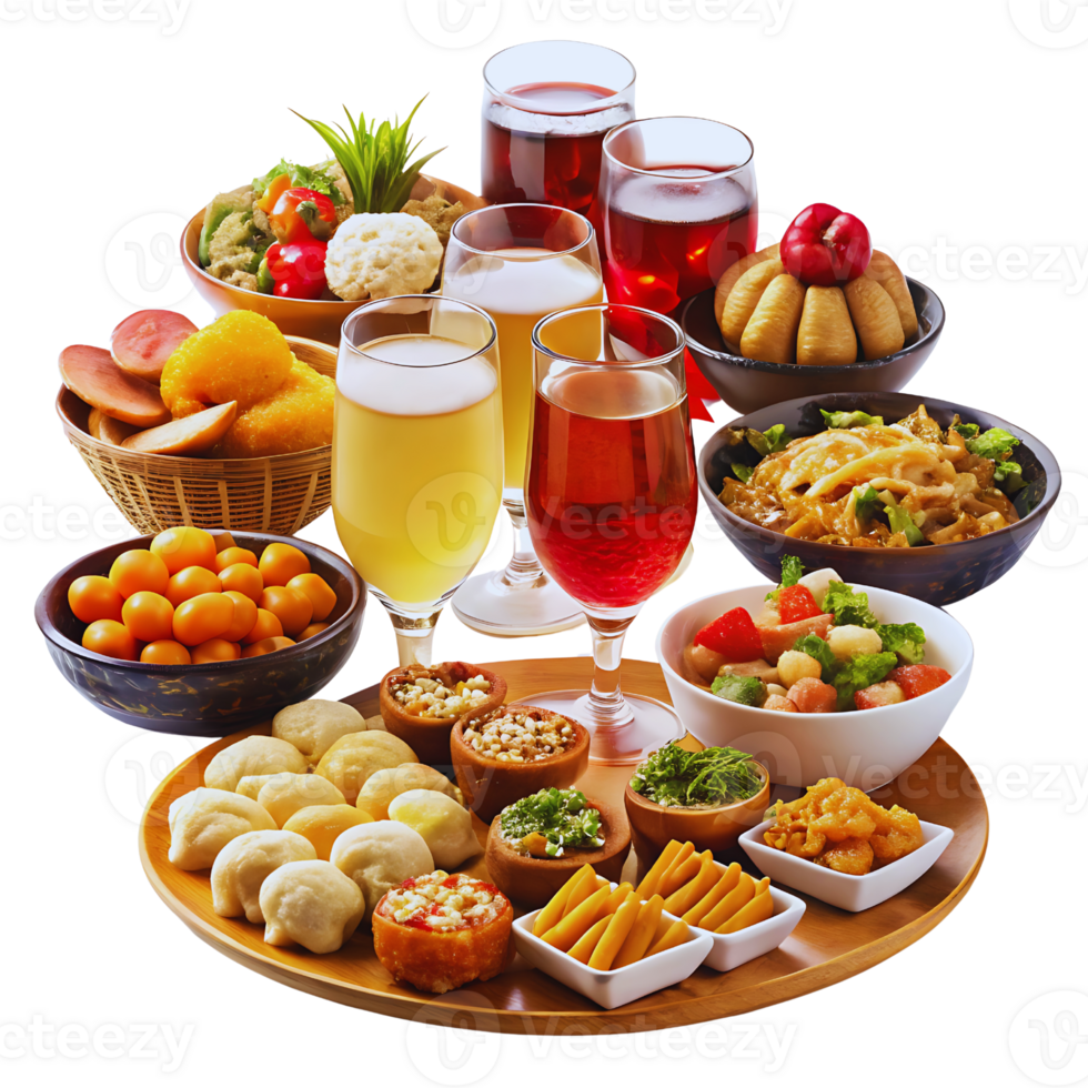 A table with a variety of food and drinks png