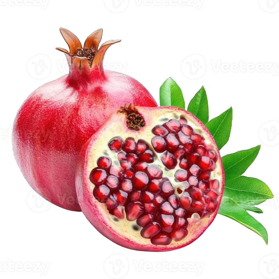 Collection of . A Whole and Half Pomegranate with Green Leaves, isolated on a transparency background. png