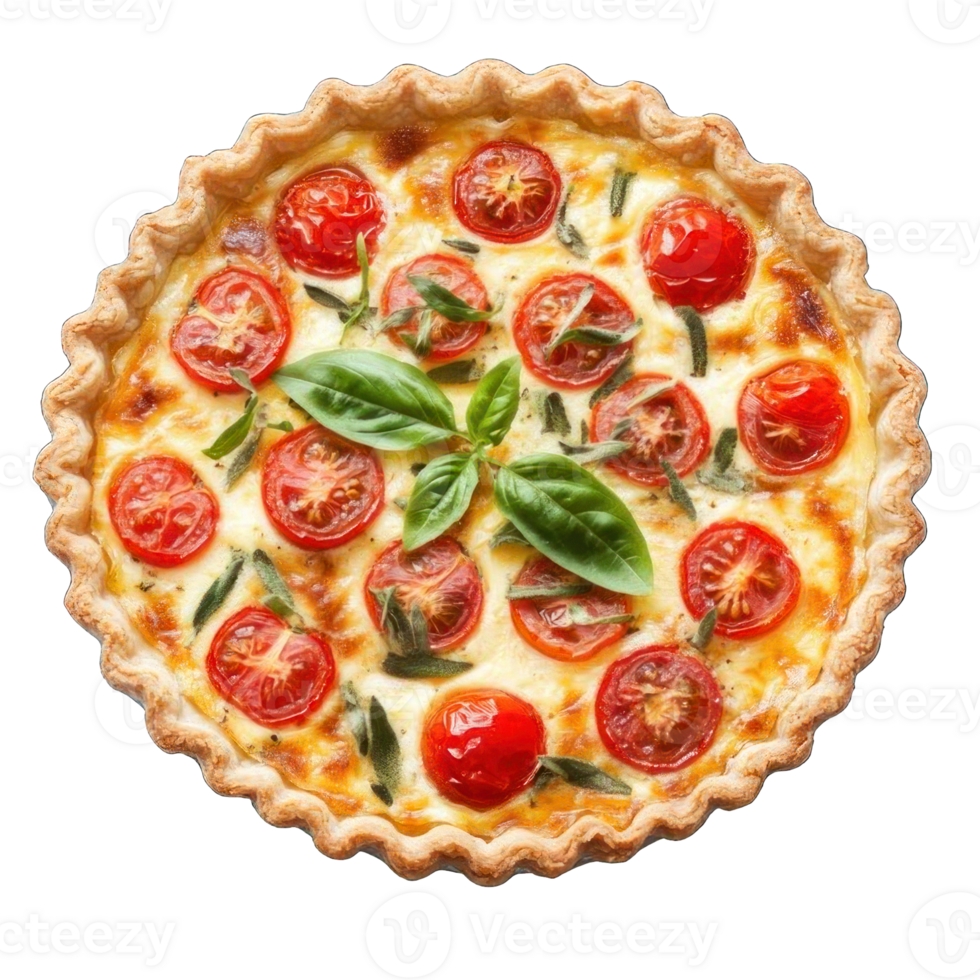 Collection of . A Quiche with a Flaky Crust Filled with Eggs, Cheese, Tomatoes and Herbs, isolated on a transparency background. png