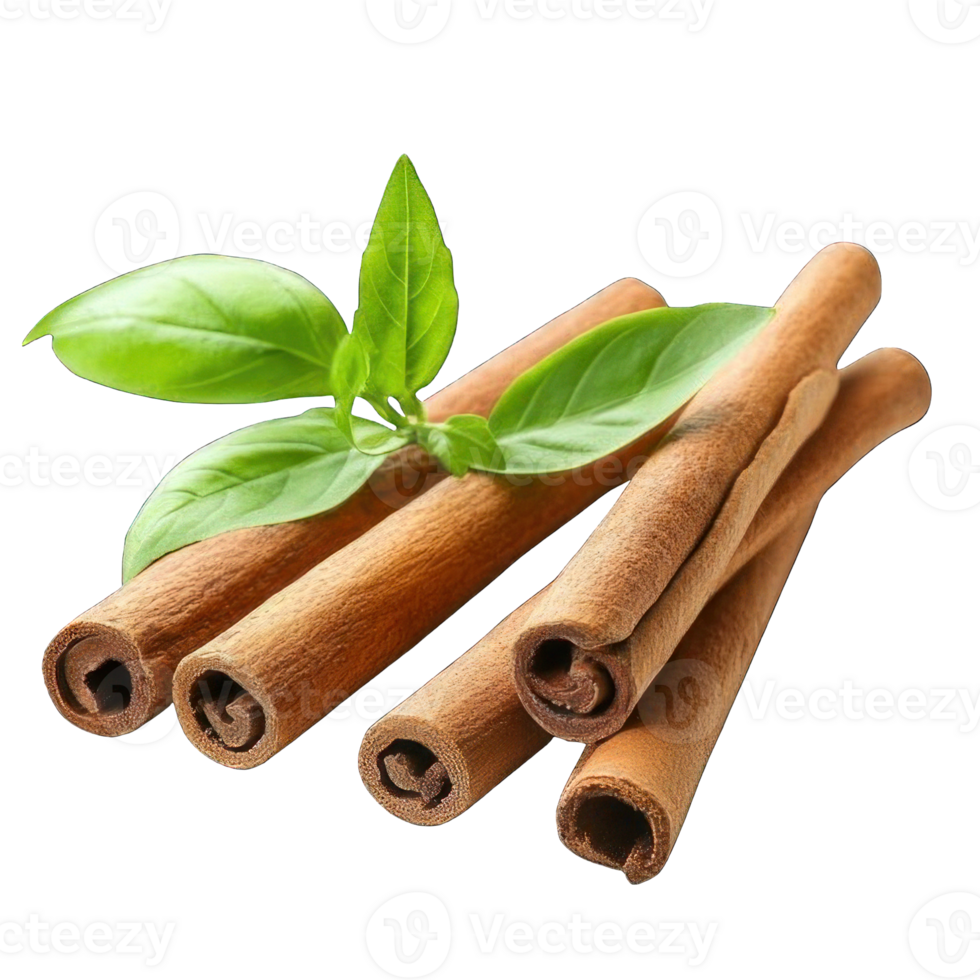 Collection of . Cinnamon Sticks with Green Herb, isolated on a transparency background. png