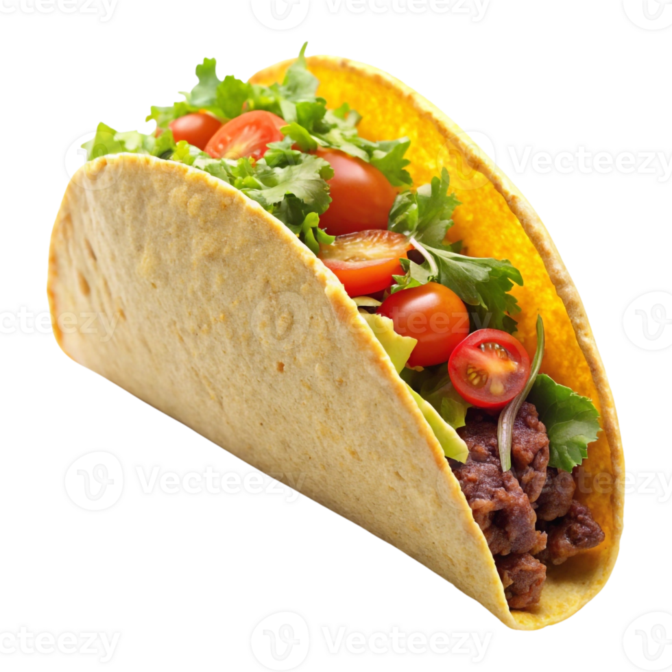 A taco that is yellow and green with tomatoes and lettuce isolated on transparent background png