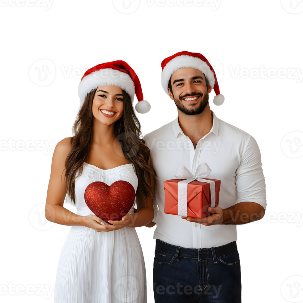 Romantic Christmas Couple Holding Gift and Heart Ornament in Santa Hats png