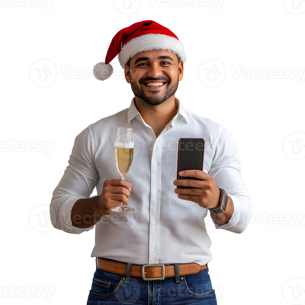 Smiling Man in Santa Hat Holding Champagne Glass and Smartphone for Holiday Celebration png