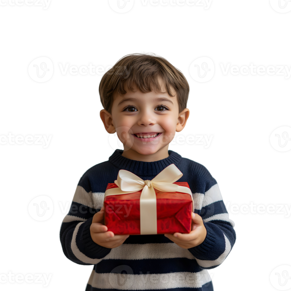 Smiling Child Holding a Red Gift Box with Bow for Christmas Celebration png