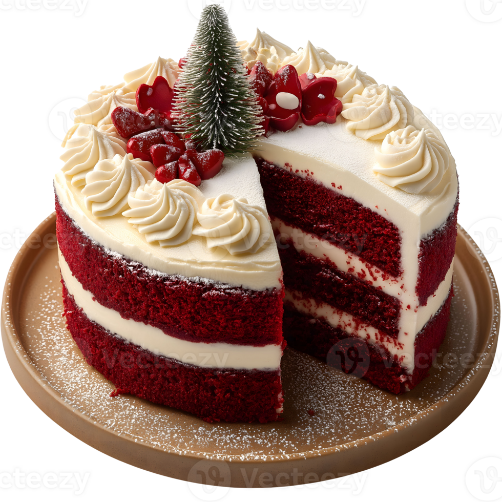 Festive Red Velvet Christmas Cake with Cream Cheese Frosting and Holiday Decorations png