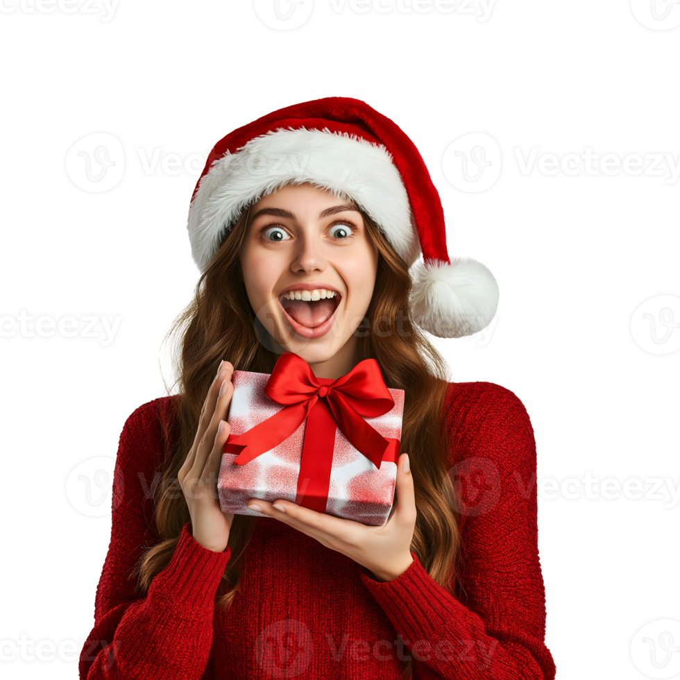 Excited Woman in Santa Hat Holding a Christmas Gift with Red Bow png