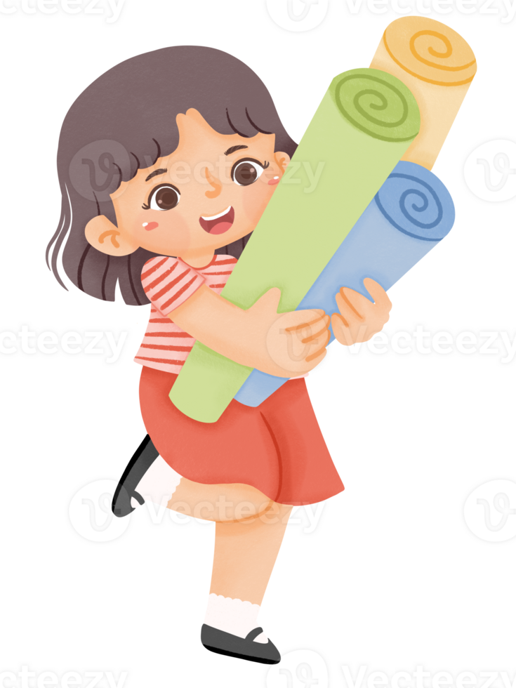 Cute little girl carrying rolled papers png
