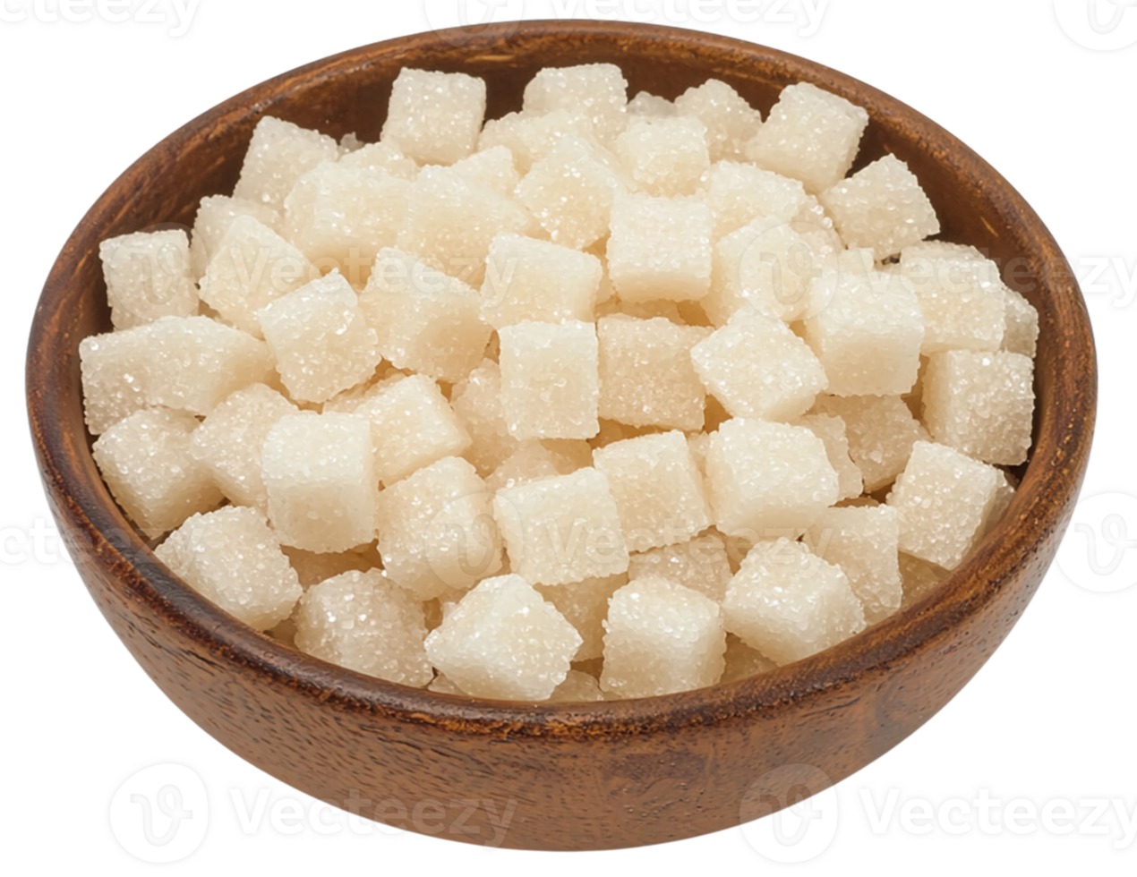 Sweet sugar cubes in wooden bowl, perfect for desserts and beverages png