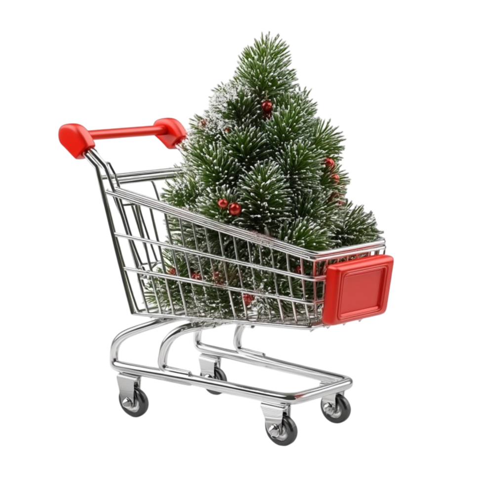 Cute Christmas Tree in Shopping Cart on Transparent Background png