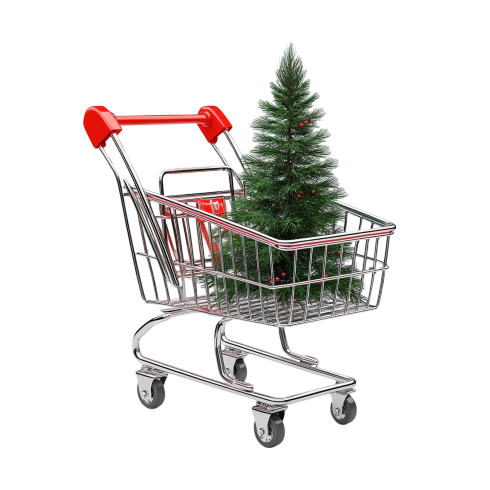 Holiday Decor with Christmas Tree in Shopping Cart on Transparent Background png