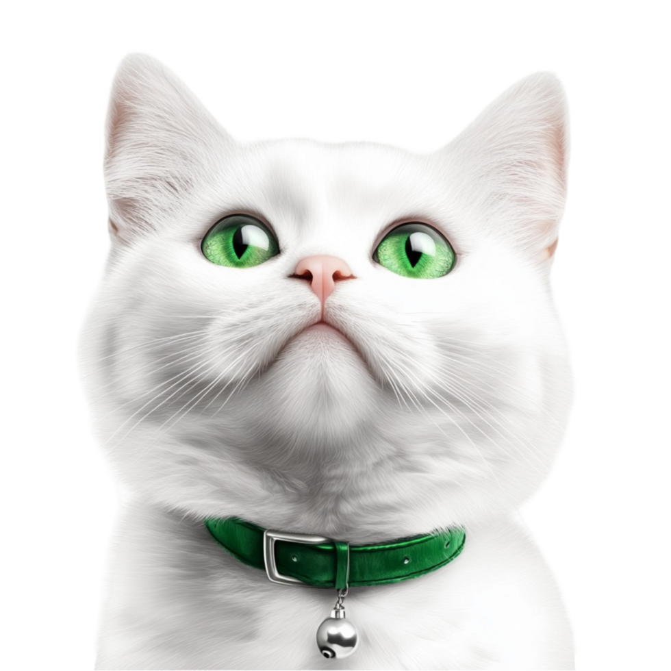 a white cat with green eyes is wearing a green collar png
