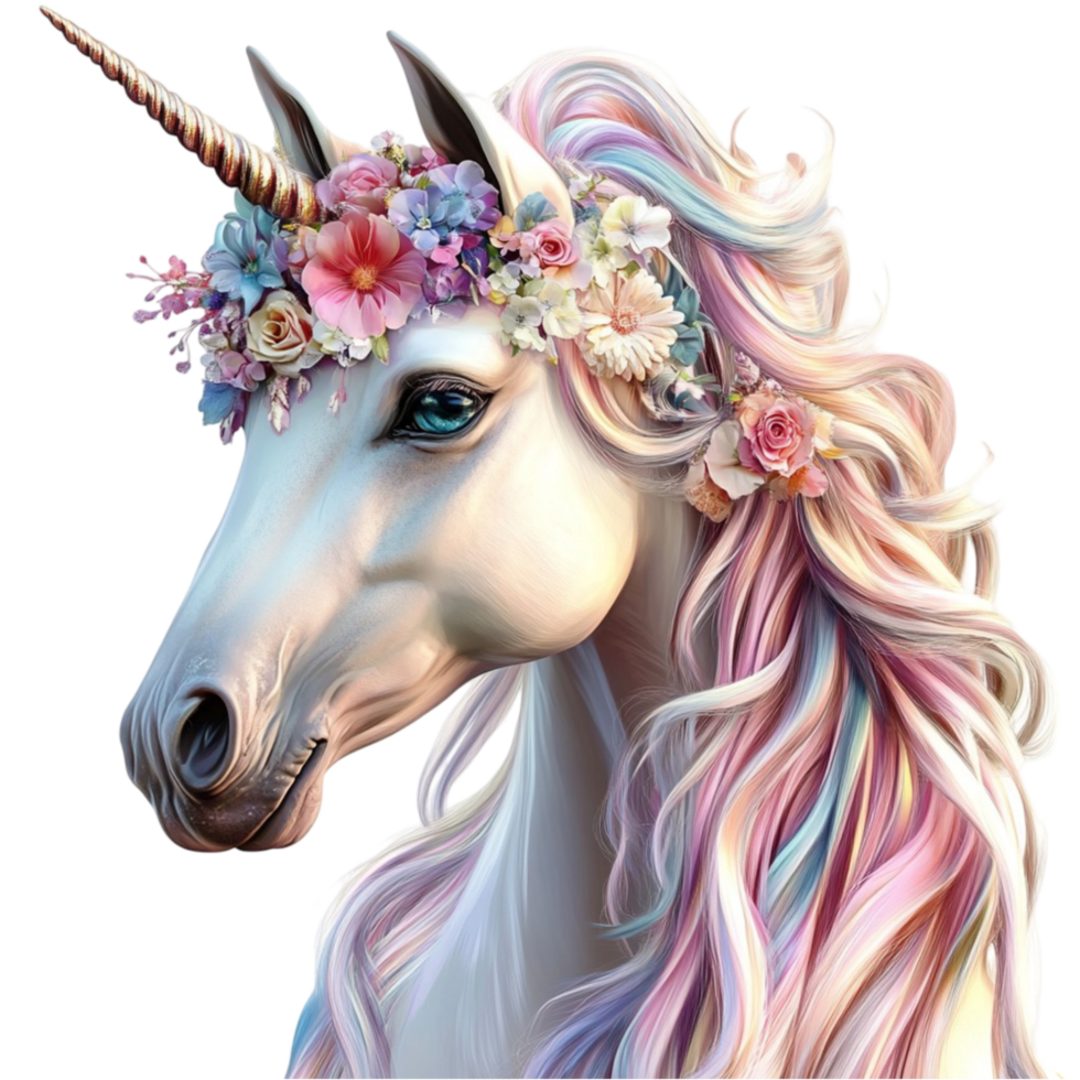 unicorn with flowers on its head, transparent background png