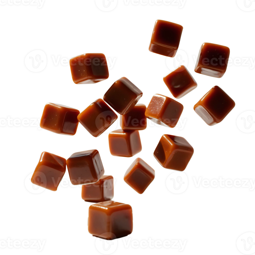 Flying caramel cubes isolated on transparent background. png