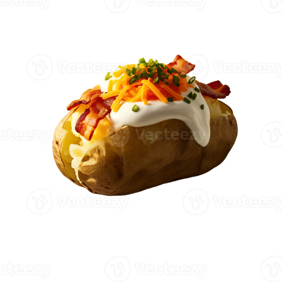 A potato covered in bacon and cheese png