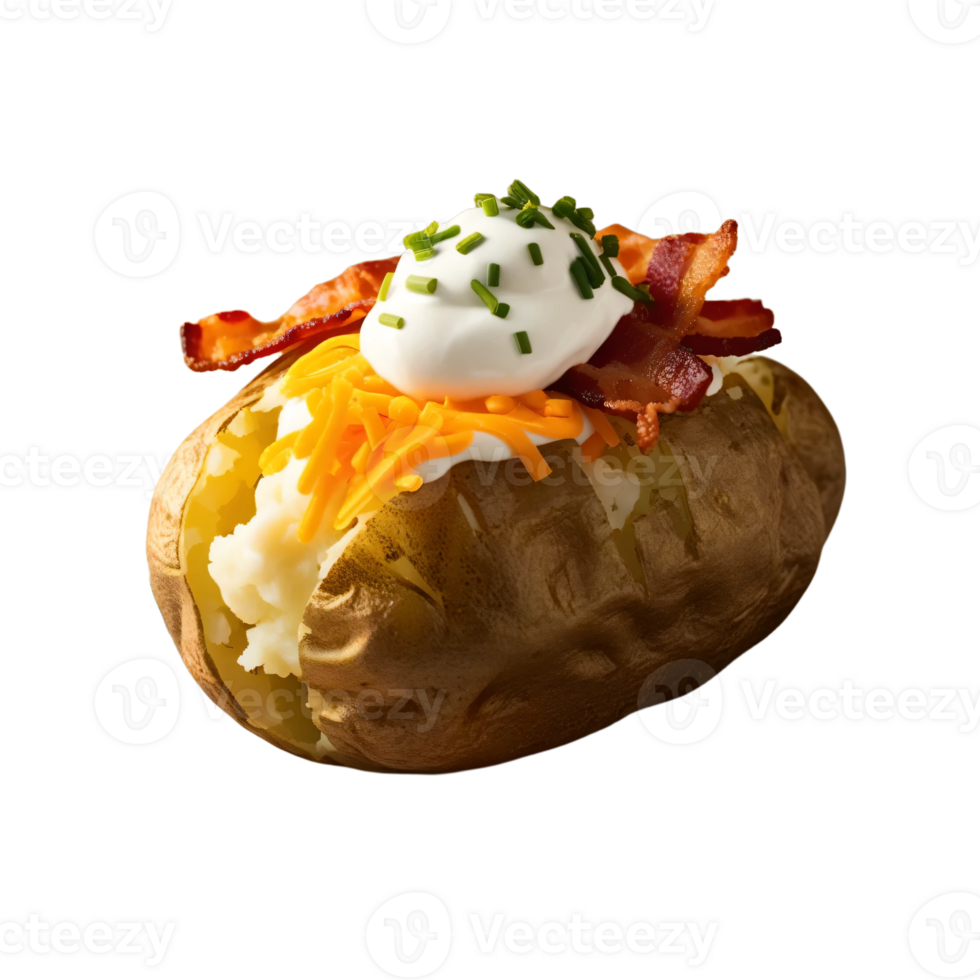 A baked potato with bacon and cheese on top png