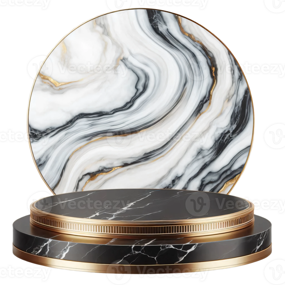 Black podium pedestal marble pattern for product display isolated on transparent background png