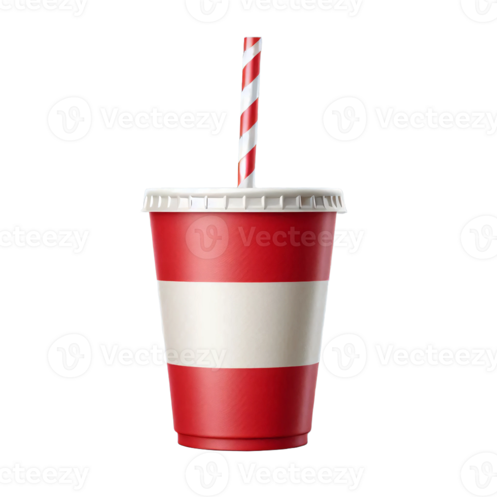 Red and white paper cup with straw png