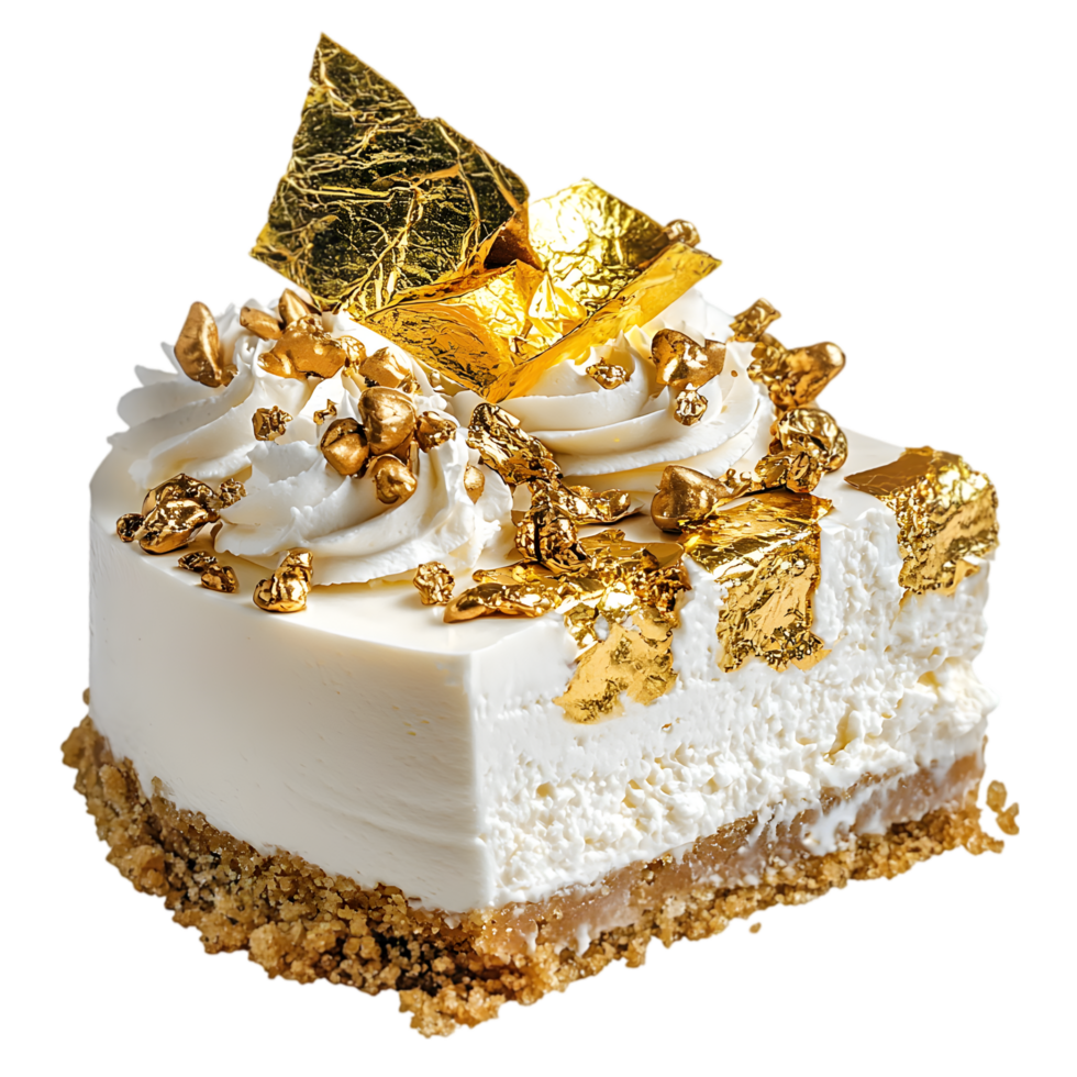 A luxurious dessert slice featuring creamy layers, golden accents, and a rich crumb crust, set against a sleek. png