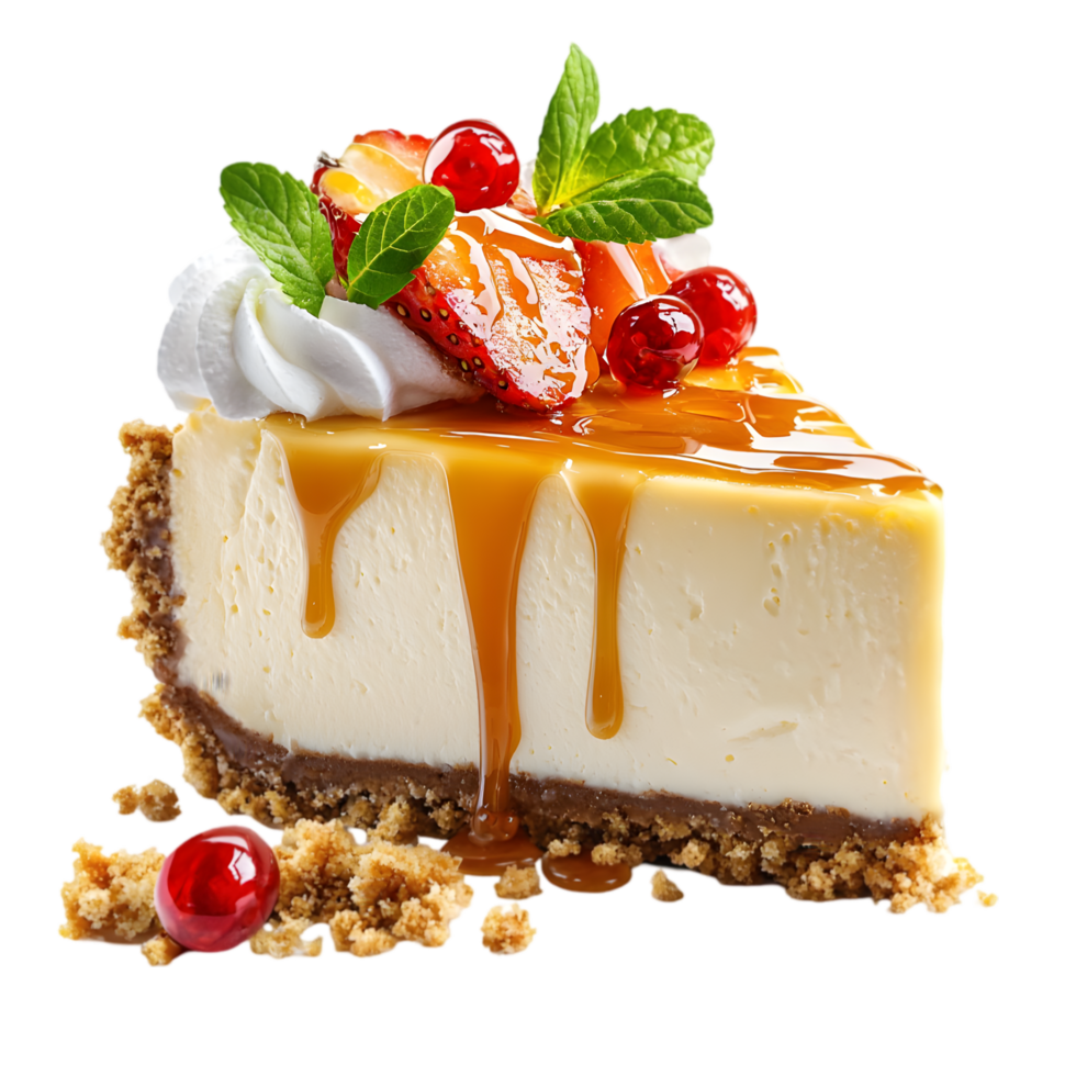 A slice of creamy cheesecake topped with caramel drizzle, fresh strawberries, cranberries, and mint leaves. png