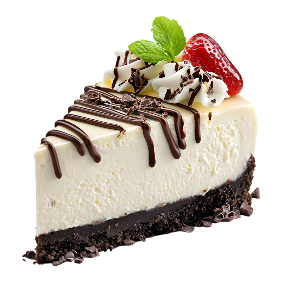 A delicious cheesecake slice topped with chocolate drizzle, whipped cream, a strawberry, and a fresh mint leaf. png