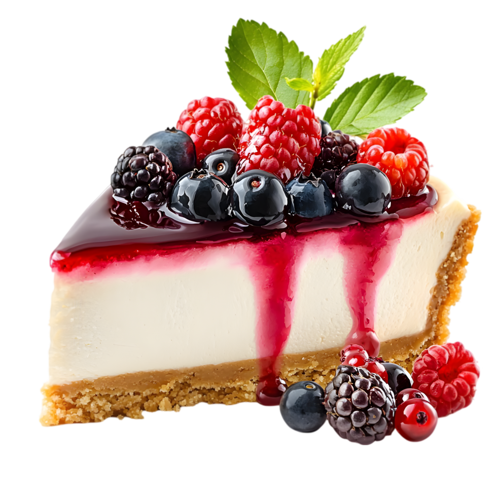 A delicious cheesecake slice topped with an assortment of fresh berries and drizzled with berry sauce. png