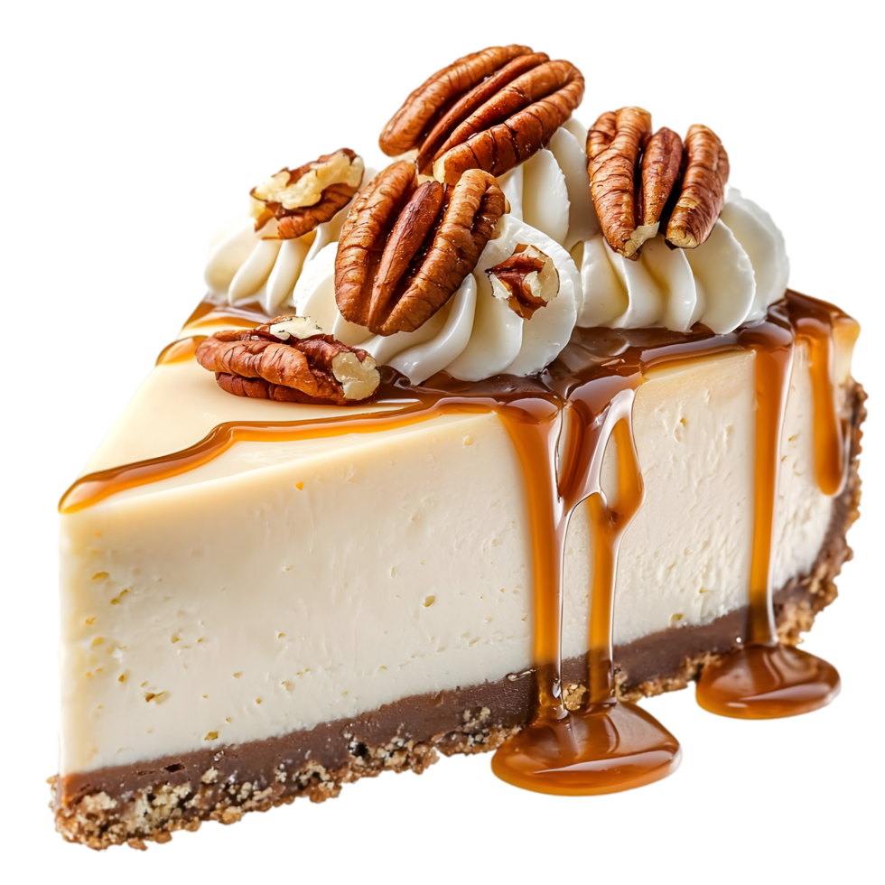 A delicious slice of cheesecake topped with whipped cream, pecans, and caramel sauce. png