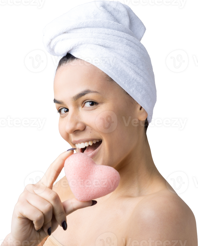 Beauty portrait of woman in white towel on head with a sponge for a body in view of a pink heart. png