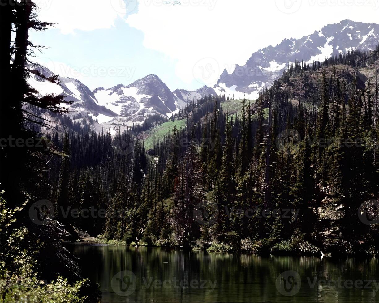 Majestic Mountain Landscape with Snow-Capped Peaks, Larch Trees, and Reflective Water Under a Cloudy Sky photo