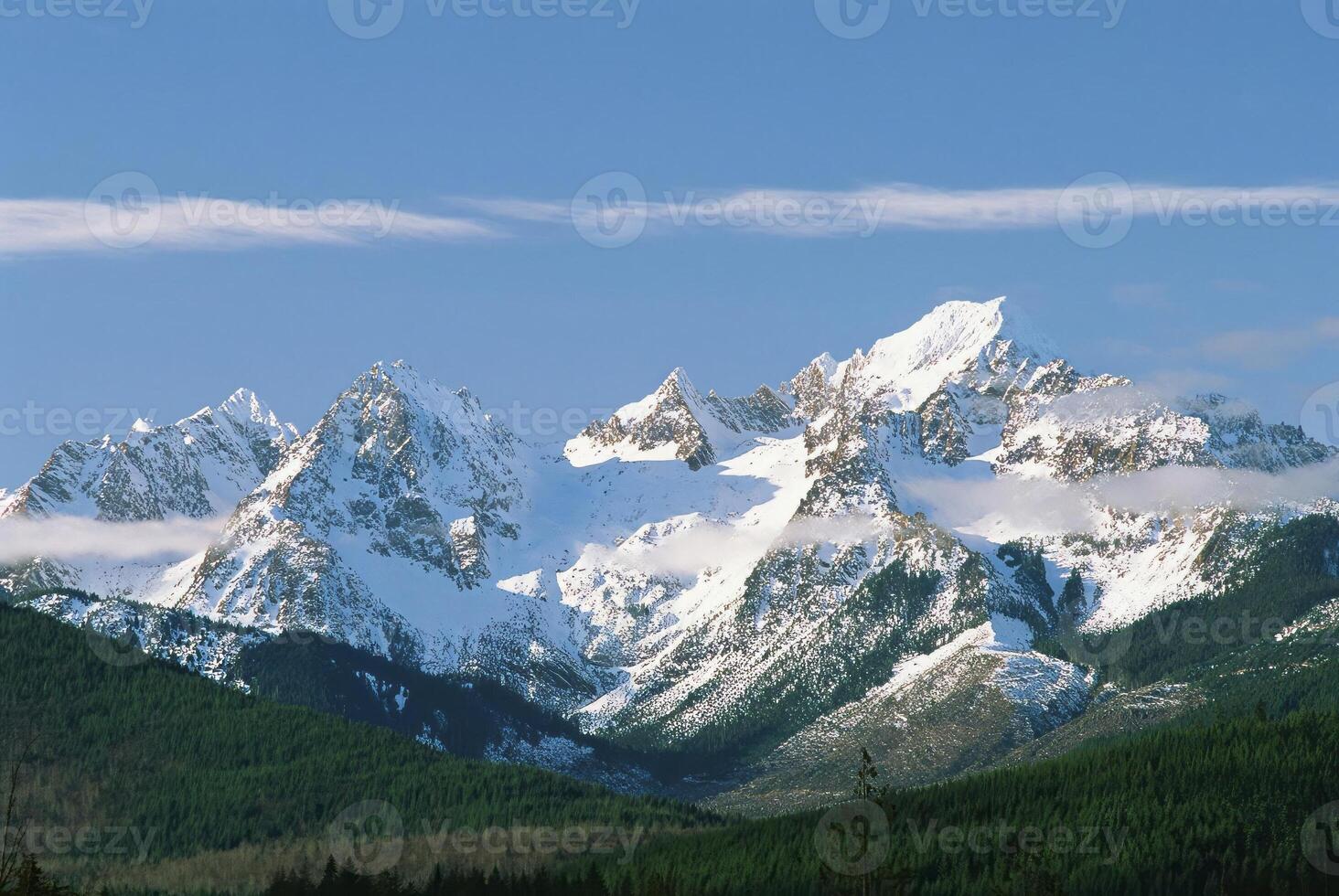 Majestic Snow-Capped Mountain Under a Cloudy Sky with Lush Greenery and Glacial Features photo