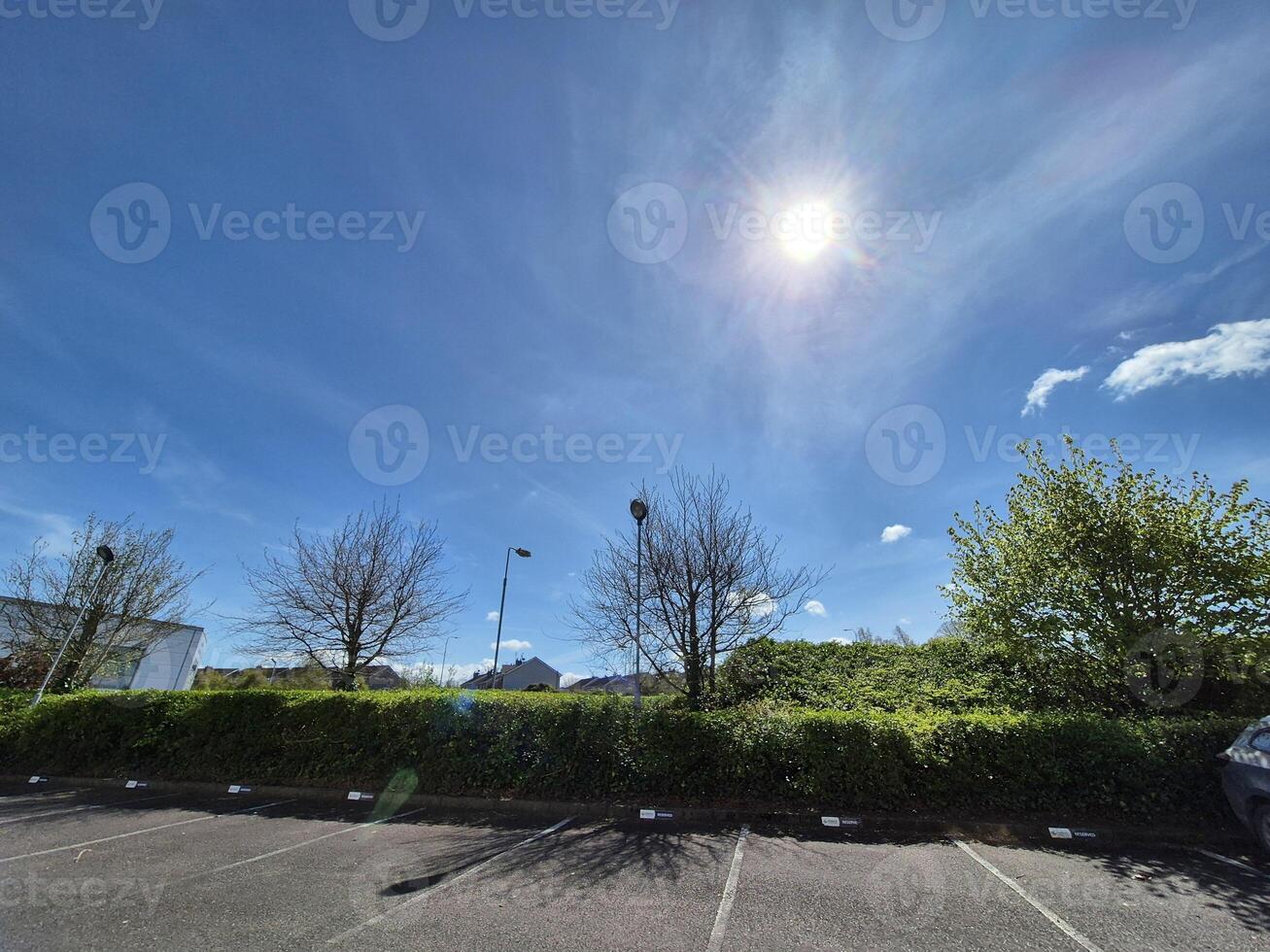 Clear Sky with Clouds Over Green Grass and Street Light by the Asphalt Road, Tree in Background, Sunlight Illuminating the Scene photo