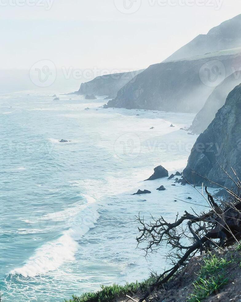 Majestic Highland Landscape with Watercourse and Coastal Landforms under a Bright Sky photo