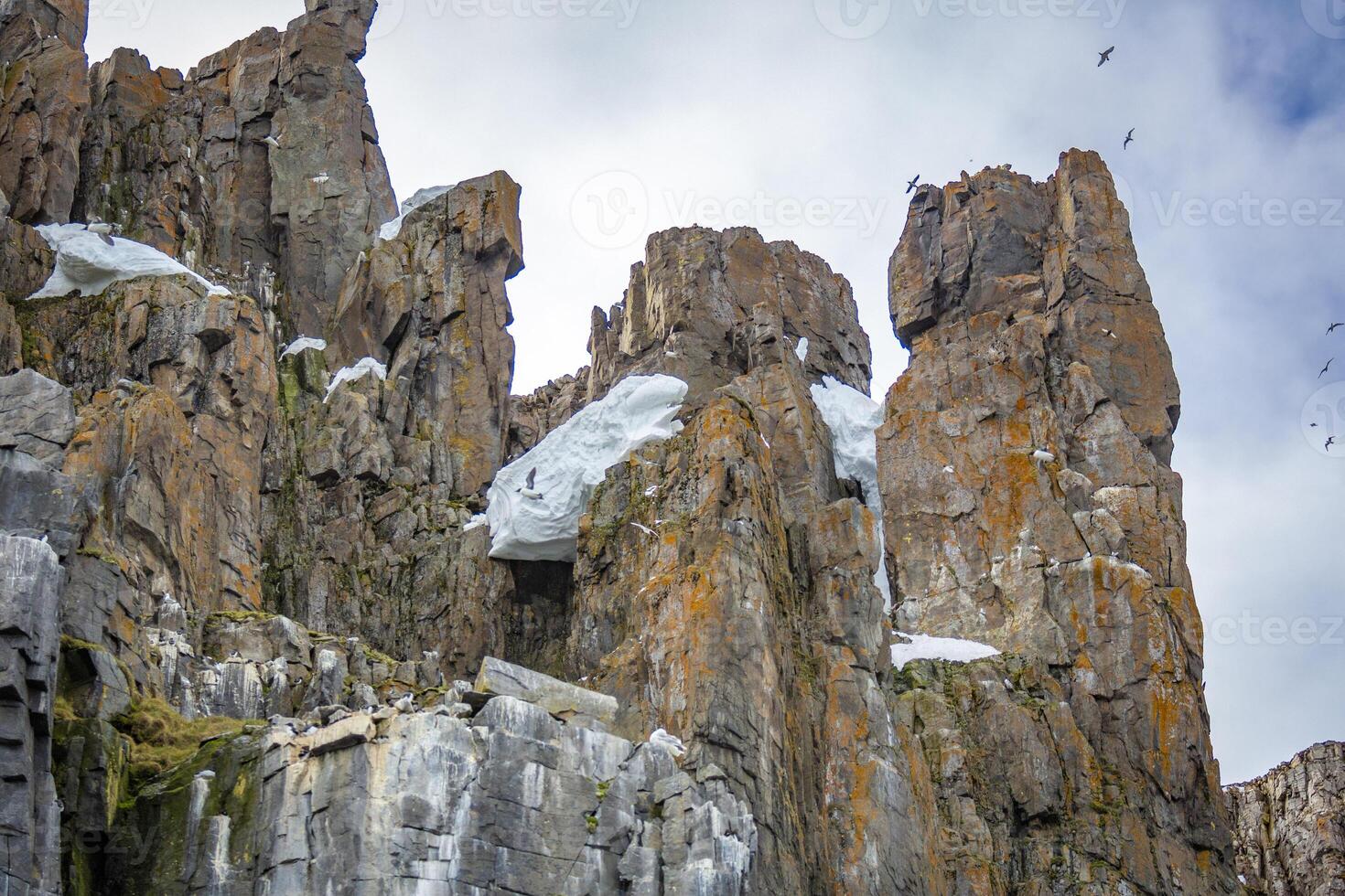 rocks waterfall and glacier at the Alkefjellet between Spitsbergen and Nordaustlandet on Svalbard, Norway photo