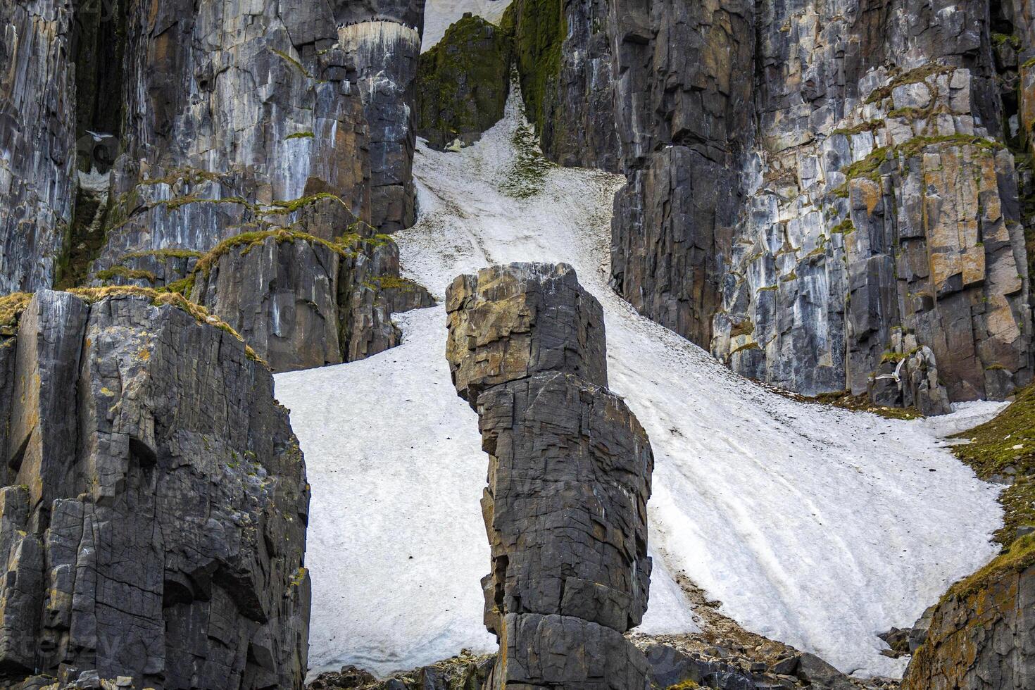 rocks waterfall and glacier at the Alkefjellet between Spitsbergen and Nordaustlandet on Svalbard, Norway photo