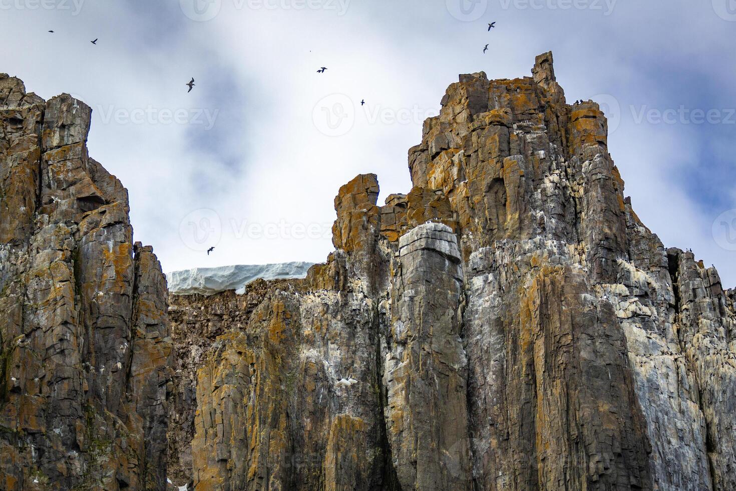 rocks waterfall and glacier at the Alkefjellet between Spitsbergen and Nordaustlandet on Svalbard, Norway photo