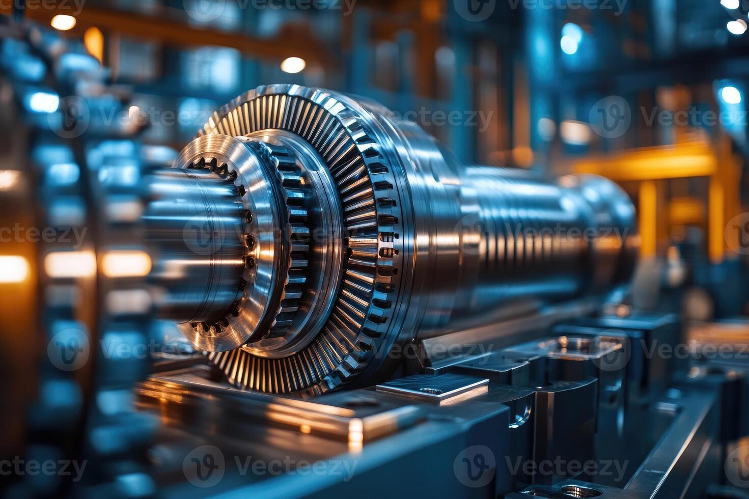 Industrial gear shaft rotating in a factory setting with gears and cogs photo