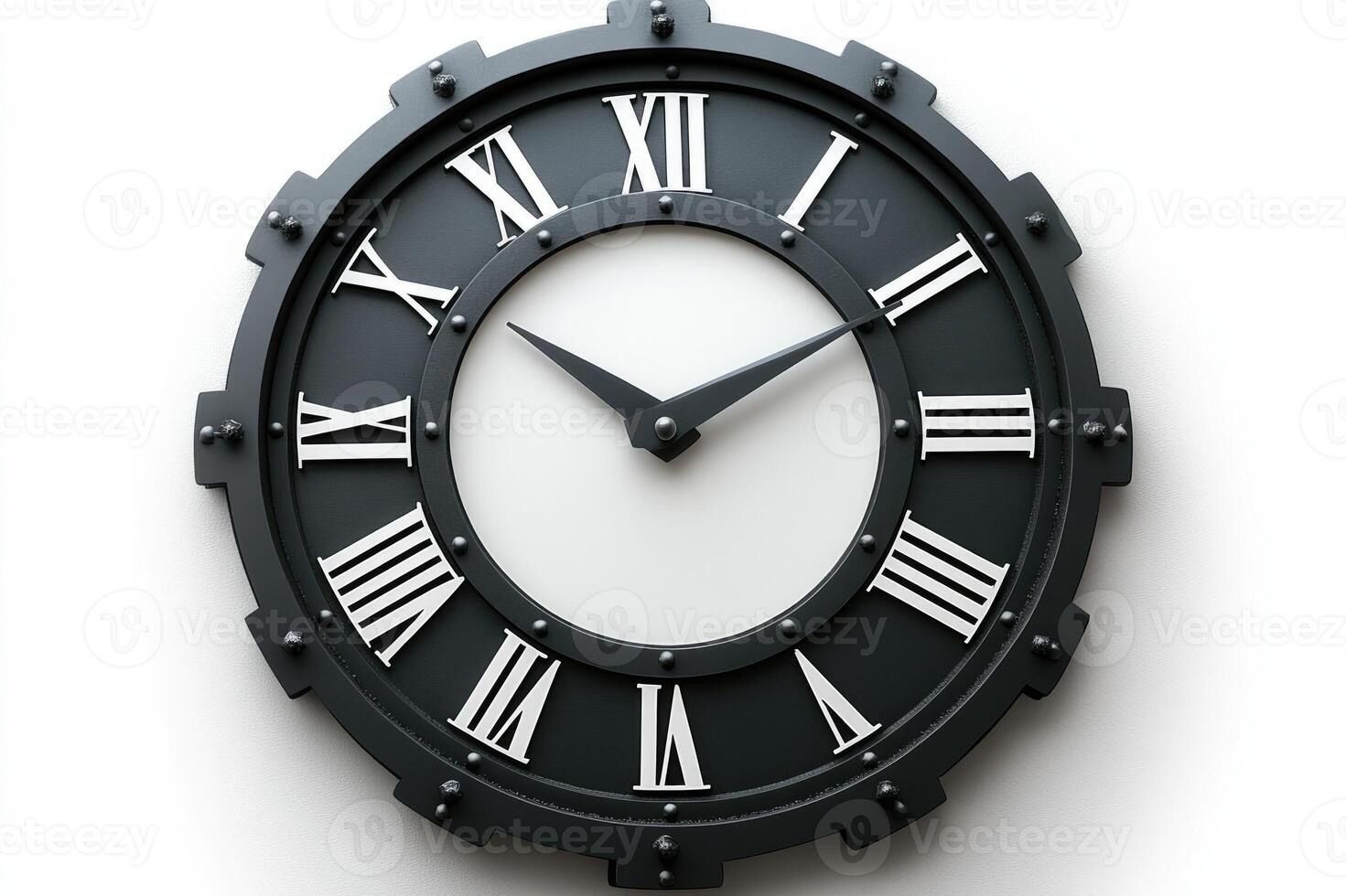 Industrial style clock showing time on white background photo