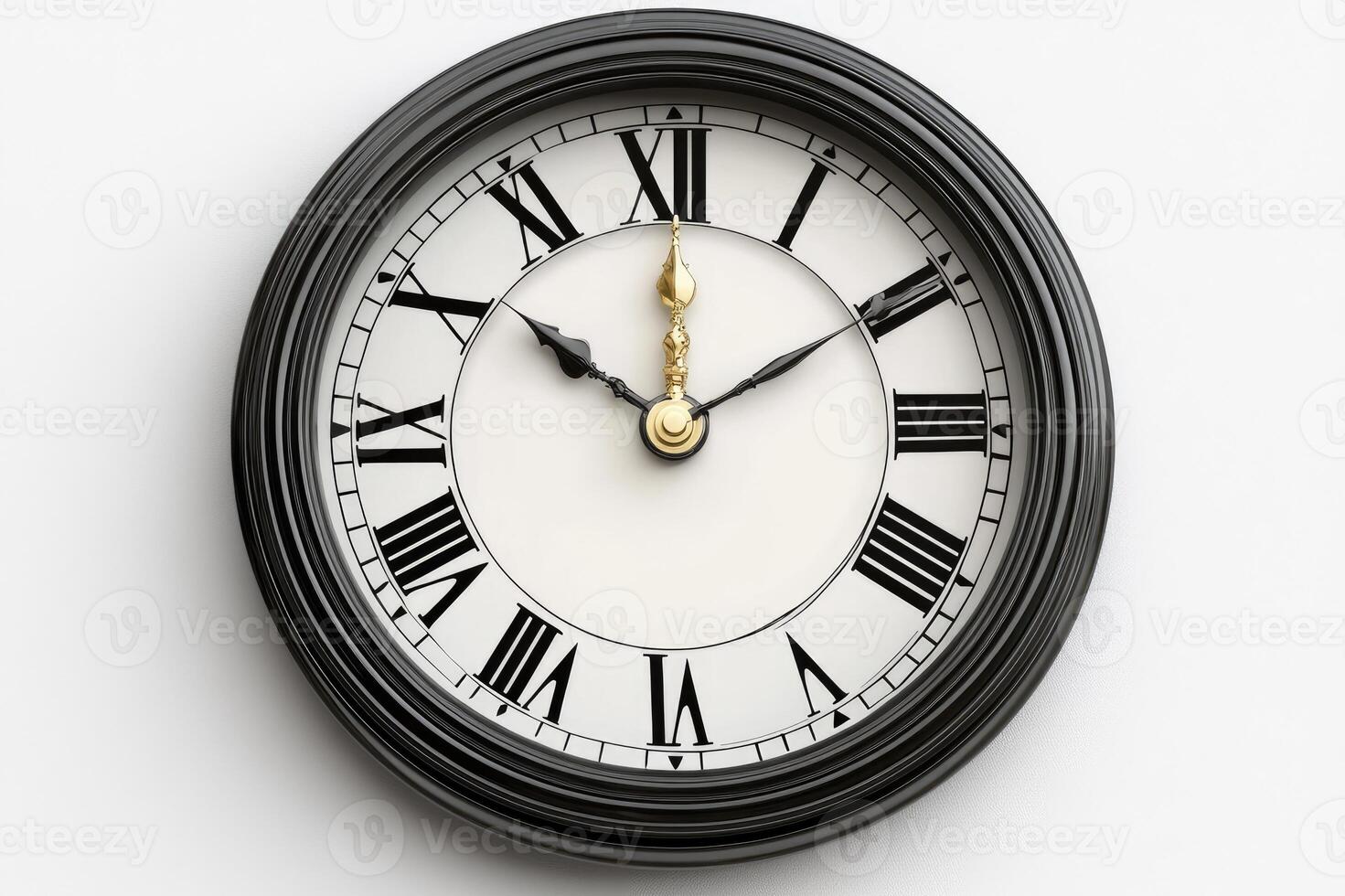 Classic clock showing five minutes to twelve on white background photo